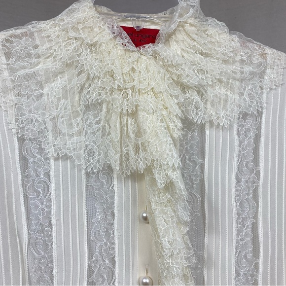 Emanuel Ungaro Paris Vintage Ivory Lace Pearl Button Down Sheer Blouse - Picture 3 of 10